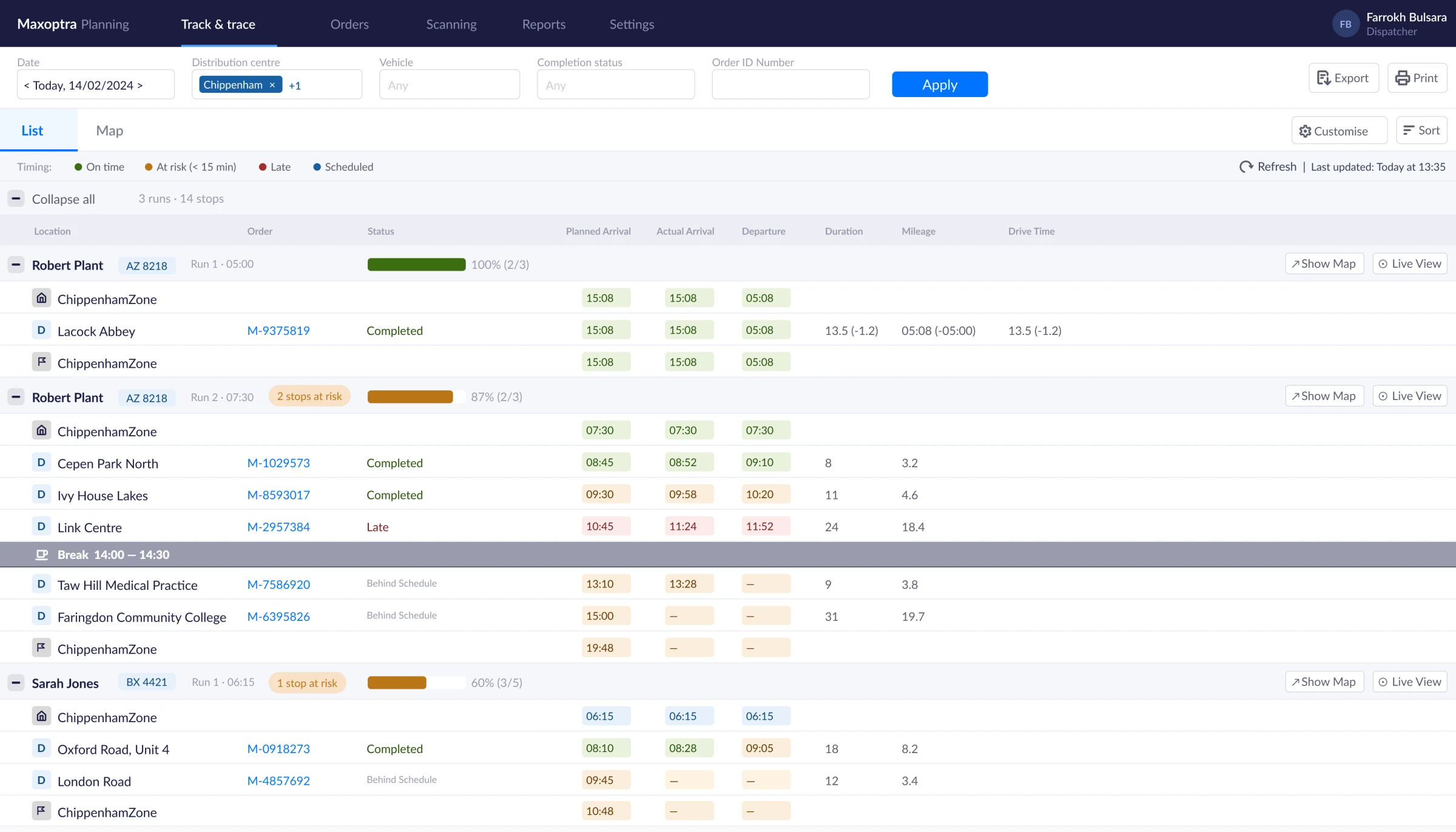 Track & Trace redesigned list view, showing delivery status, ETAs and inline timings